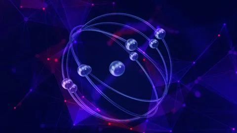 Atom molecule model in deep digital plexus network. Illustrazione stock