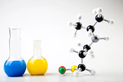 Atom, Molecules model, Laboratory glassware 库存照片