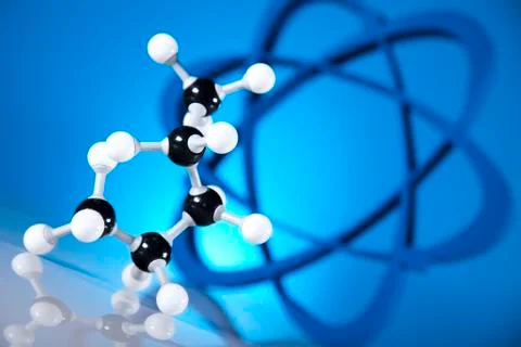 Atom, Molecules model, Laboratory glassware 库存照片