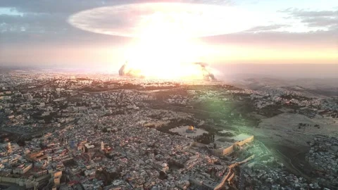 Atom nuclear Explosion over Jerusalem Old city, aerial view Stock Footage 197384115