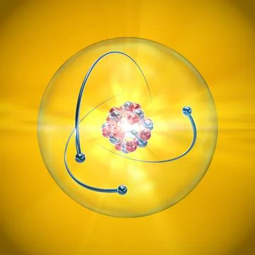 Atom with nucleus, atomic shell and orbiting electrons on a yellow background Illustrazione stock