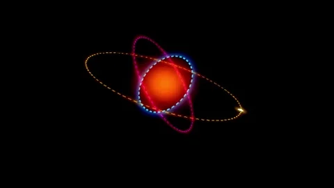 Atom nucleus with orbiting electrons in conceptual scientific animation aga.. Video stock 346271179