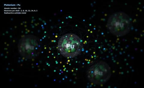 Atom of Plutonium with detailed Core and its 94 Electrons on black Ilustración de archivo