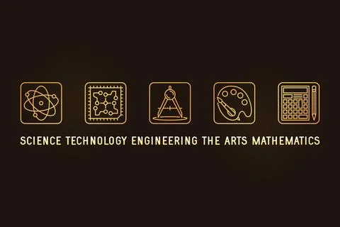 Atom, Processor, Compasses, Palette and Calculator - STEAM golden outline b.. Stock Illustration