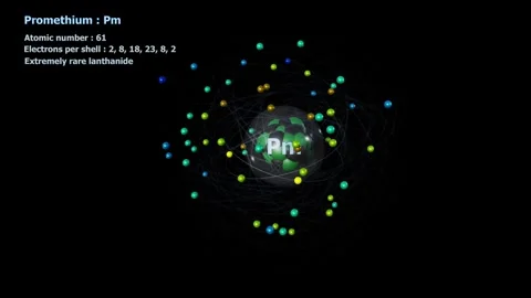 Atom of Promethium with 61 Electrons in infinite orbital rotation on black Stock Footage 252085282