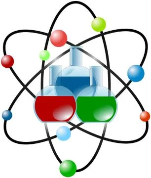 Atom scheme with colored laboratory flasks Stock Illustration