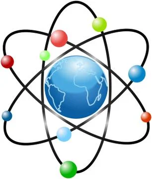 Atom scheme with stylized blue planet Earth 库存插图