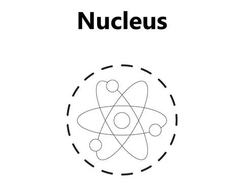Atom Scientific poster with atomic structure: nucleus of protons and neutrons Stock Illustration