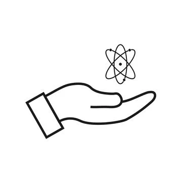 An atom sign floating on a human hand on a white background with copy space Illustrazione stock