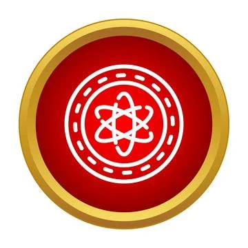 Atom structure icon in a red circle with a gold border Stock Illustration