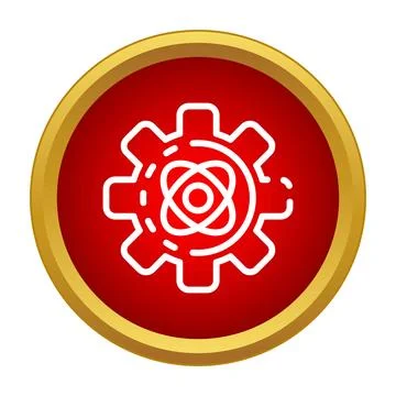 Atom structure inside a gear symbol on a red and gold button Stock Illustration