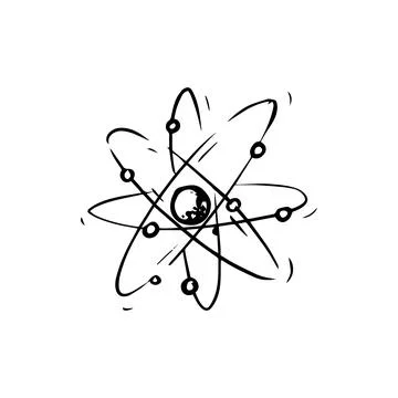 Atom surrounded by electrons. Nuclear power. Structure model sketch. Physics Stock Illustration