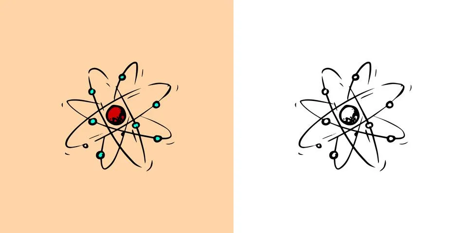 Atom surrounded by electrons. Nuclear power. Structure model sketch. Physics Stock-Illustration