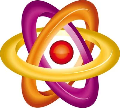 Atom symbol in 3D shiny style. Warm colors. Stock Illustration