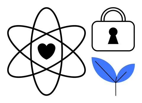 Atom symbol with heart at center, security lock, and leaf sprout represent sc Stock Illustration