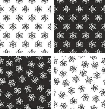 Atom Symbol or Atom Sign Aligned &amp; Random Seamless Pattern Set Illustrazione stock