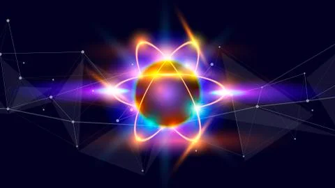 Atom - a symbolic image of an elementary particle against a background of dee Illustrazione stock