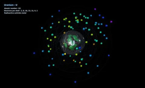 Atom of Uranium with detailed Core and its 92 Electrons on black 스톡 일러스트