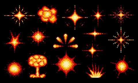 Atomic bomb, dynamite fire blast pixel explosions Illustrazione stock