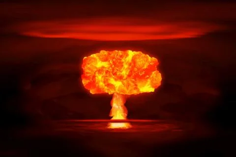 Atomic bomb realistic explosion, red color with smoke on black background Stock Photos