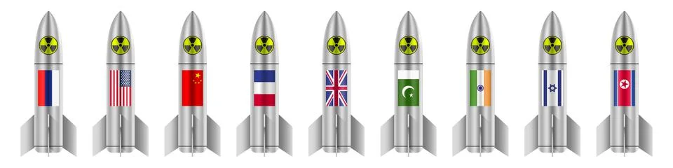 Atomic bombs with flags of nuclear states, vector illustration, isolated on Stock-Illustration