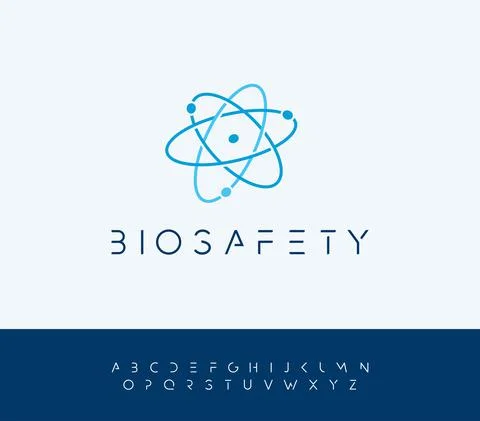 Atomic energy vector logo concept with futuristic letters. Atom structure Illustrazione stock