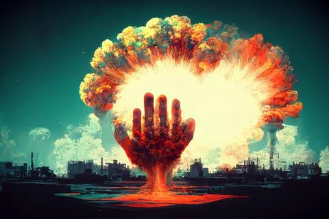 An atomic explosion and a human hand. The concept of military blackmail. Ilustración de archivo