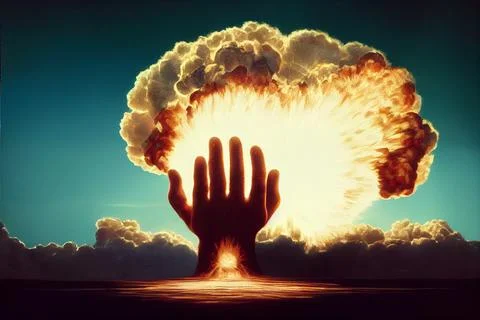 An atomic explosion and a human hand. The concept of military blackmail. Ilustración de archivo