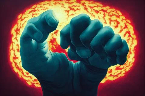 An atomic explosion and a human hand. The concept of military blackmail. Ilustración de archivo