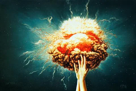 An atomic explosion and a human hand. The concept of military blackmail. Ilustración de archivo