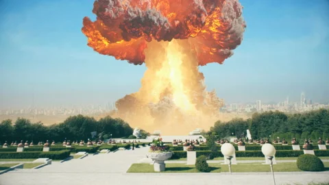 Atomic explosion nuke over Pyongyang North Korea Video stock 157471617