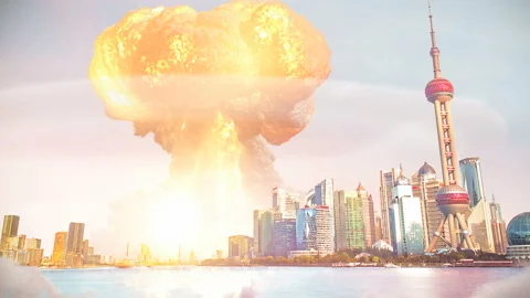Atomic explosion nuke over Shanghai China 4K Stock-Footage 157545587