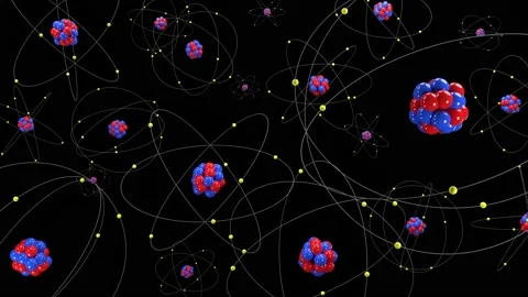 Atomic model background, electrons orbiting the nucleus particles, radioactivity Video stock 204897530