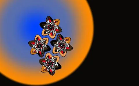 Atomic orbit designs on blue‑orange gradient background Stock Illustration