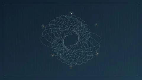 Atomic particle diagram with orbiting electrons on dark space background Stock Illustration