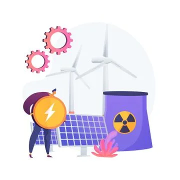 Atomic reactor, windmill and solar battery, energy production vector concept Stock Illustration