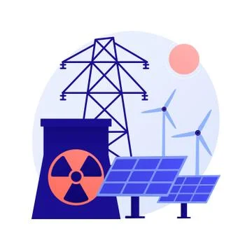 Atomic reactor, windmill and solar battery, energy production vector concept Stock Illustration
