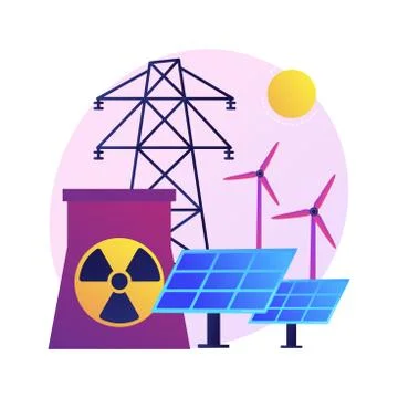 Atomic reactor, windmill and solar battery, energy production vector concept Stock Illustration