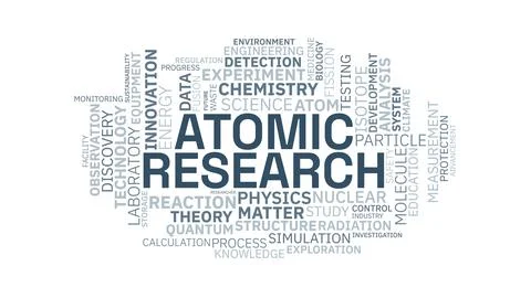 Atomic Research Typography Word Cloud Graphic with Science Physics and Nucl.. Stock Illustration