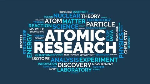 Atomic Research Word Cloud Concept with Physics Science and Nuclear Energy .. Stock Illustration