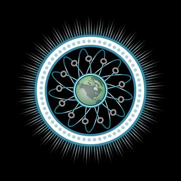 Atomic science with a glowing world network represents futuristic digital Stock Illustration