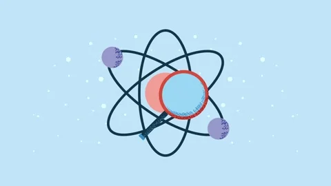 Atomic structure animation with magnifying glass investigating nucleus and .. Video stock 333428285