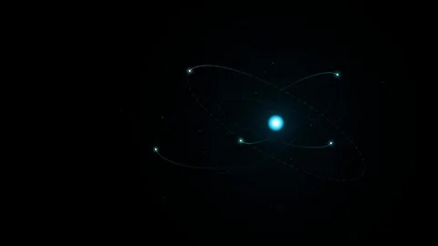 Atomic Structure with Blue Glowing Particles Orbiting Dark Background Vídeo Stock 347084867