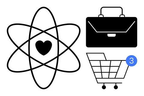 Atomic structure with heart, briefcase, and shopping cart with notification Stock Illustration