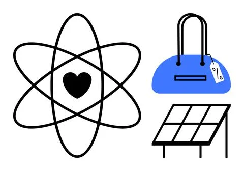 Atomic structure with a heart at the center, blue handbag with a price tag, a Stock Illustration