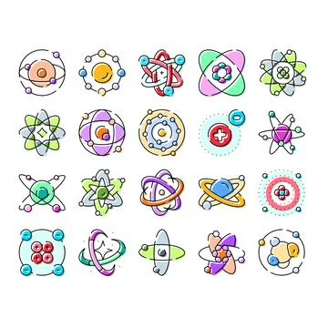 Atoms molecules subatomic particles chemistry physics icons Stock Illustration