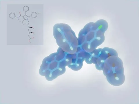 Atorvastatin, structural formula and spacefill structure Stock Illustration