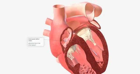 An atrial septal defect is an abnormal hole in the atrial septum or atrium .. Stock Illustration