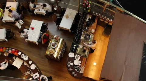 Atrium cafe in mall, view from top, vertical shot Stock Footage 59618847
