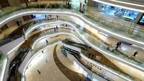 Top interior view of atrium and escalator hall with